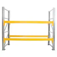 A bay of pallet racking: two grey frames with orange beams